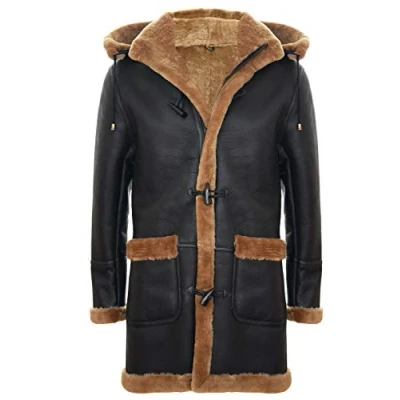 Abbildung von Infinity Leather Warme Winter Lange Echte Schaffell Leder Ingwer Braun Kapuze Dufflecoat S