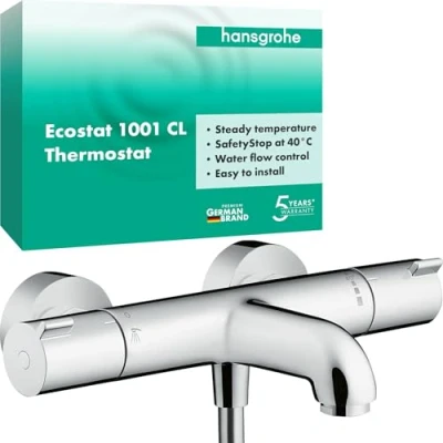 Abbildung von hansgrohe Ecostat Wannenthermostat Aufputz, Wannenarmatur mit Sicherheitssperre (SafetyStop) bei 40 C, rundes Thermostat für die Badewanne, Mischbatterie 2 Verbraucher, Chrom, 13201000