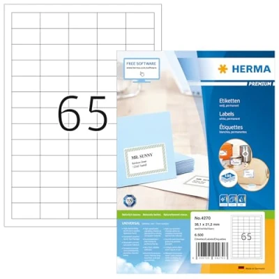 Abbildung von HERMA 4270 Universal Etiketten, 100 Blatt, 38,1 x 21,2 mm, 65 pro A4 Bogen, 6500 Stück, selbstklebend, bedruckbar, matt, blanko Papier Klebeetiketten Aufkleber, weiß