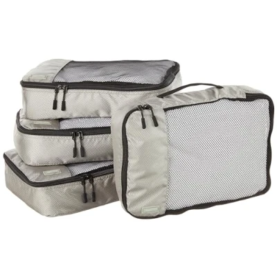 Abbildung von Amazon Basics Packwürfel Set für Koffer, Reise Organizer, Reißverschluss, 4 Teilig, Mittelgroß, Grau