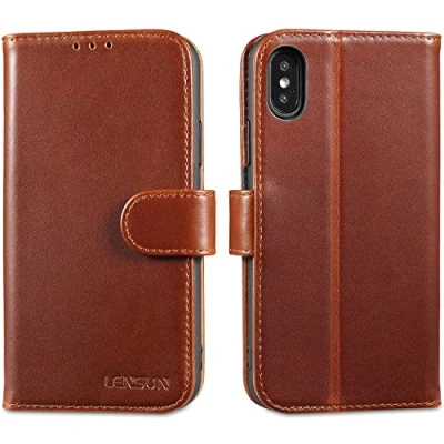 Abbildung von LENSUN Echtleder Hülle für iPhone XS, X Handyhülle [Echtes Leder][Magnetverschluss][RFID Schutz] Handytasche Flip Lederhülle X/XS Dunkelbraun