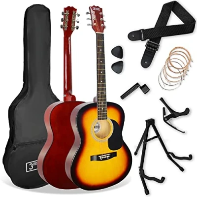 Abbildung von 3rd Avenue 4/4 Westerngitarren Set in Normalgröße mit Stahlsaiten, für Anfänger Gigbag, Plektren, Ersatzsaiten, Ständer, Gurt, Kapodaster Sunburst