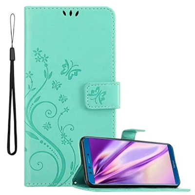 Abbildung von Cadorabo Hülle kompatibel mit Honor 9X LITE Blumen Design aus Premium Kunst Leder Flip Klappbare Stoßfeste Magnetische [Standfunktion] [Kartenfächern] Cover für Tasche in Türkis