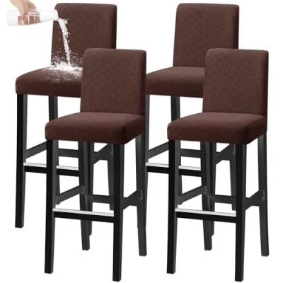 Abbildung von KELUINA Bar Stuhl Hocker Abdeckungen, Stretch Abnehmbare Waschbare Slipcover für Kurze Dreh Dinning Rücken (Braun,4er Set)