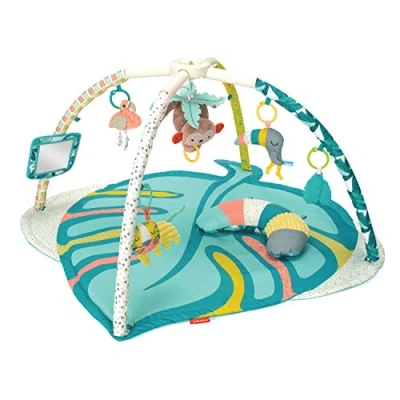 Abbildung von Infantino 4 in 1 Deluxe Twist &amp; Fold Activity Gym Krabbeldecke mit Spielbogen, Tropisch inklusive abnehmbarer Spielzeuge, Musical Äffchen, Spiegel und Nackenkissen
