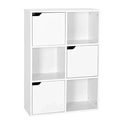 Abbildung von Mondeer Aufbewahrungsregal,Vielschichtiges Bücherregal, Regal aus Holz, Aufbewahrungsschrank für Bücher und DVDs, Sechs Fächer mit DREI Türen, Weiß