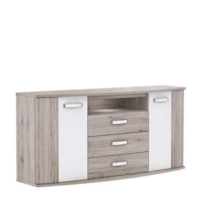 Abbildung von FORTE Rondino Sideboard mit 2 Türen und 3 Schubladen, Holzwerkstoff, Sandeiche / Weiß Hochglanz, 61,3 x 81,5 169,6 cm