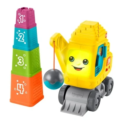 Abbildung von Fisher Price Lernspielzeug für Babys und Kleinkinder Zählen &amp; Stapeln Kran mit Blöcken, Lichtern, Musik Geräuschen ab 9 Monaten, mehrsprachige Version, HWY66