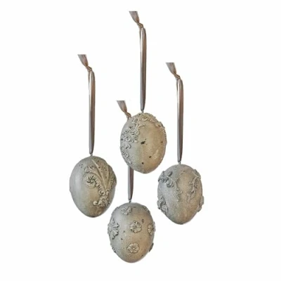 Abbildung von Loberon Anhänger 4er Set Zama, handgefertigt, mit hübschen Ornamenten, inkl. Aufhängung, Ostern, Osterdekoration, Ostereier, Polyresin, Polyester, antikgrau