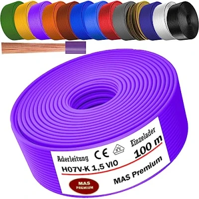 Abbildung von MAS Premium Von 5 bis 100m Aderleitung H07 V K 1x1,5 mm² SW, HBL, GNGE, GN, RT, DBL, BR, OR, GR, WS, VIO, U MAR.BL oder GE Einzelader flexibel (Violett, 100m)