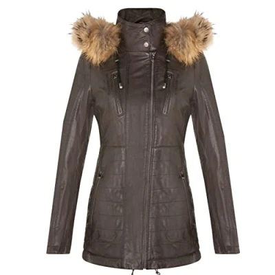 Abbildung von Infinity Leather Braun Damen Leder Parka Jacke Gesteppte Abnehmbare Kapuze Regenmantel 2XL