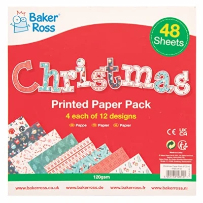 Abbildung von Baker Ross FC214 Bedrucktes Weihnachtspapier 48 Stück, Kreativer Bastelbedarf für Kinder, Ideal Bastelaktivitäten und Dekorationsarbeiten