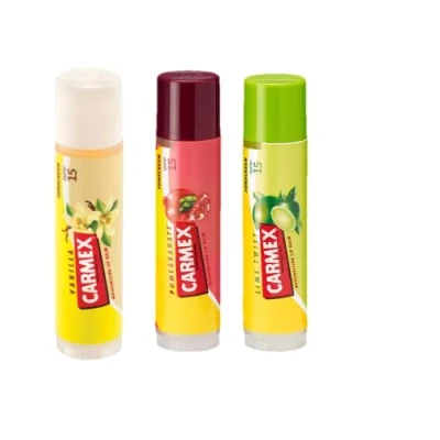 Abbildung von Carmex Vanille, Limette und Granatapfel Stäbchen, 3 Stück, gemischte Packung