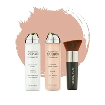 Abbildung von Jerome Alexander MagicMinerals AirBrush Foundation Make up Set 3 Stück + Fixier Spray gratis Pinsel Integriertes mit Hautpflege feuchtigkeitsspendend (Light)
