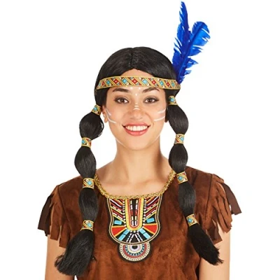 Abbildung von dressforfun Perücke mit zwei geflochtenen Zöpfen schwarz + Haarband Federn Indianerin Indianer Apache Squaw Fasching