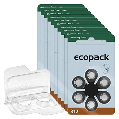 Abbildung von 60x ecopack Hörgerätebatterien 312 (Braun), 10x6er Blister 1,4V + Aufbewahrungsbox für 2 (10, 13, 312, 675), transparente Batteriebox