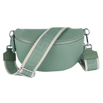 Abbildung von MIRROSI® Bauchtasche Damen, Echtleder, Made in Italy, Umhängetasche, Brusttasche, Crossbody Bag (1 Tasche &amp; 2 Gurte) (Mint (Uni Mint Beige), Mittelgroße (25x16x7cm))