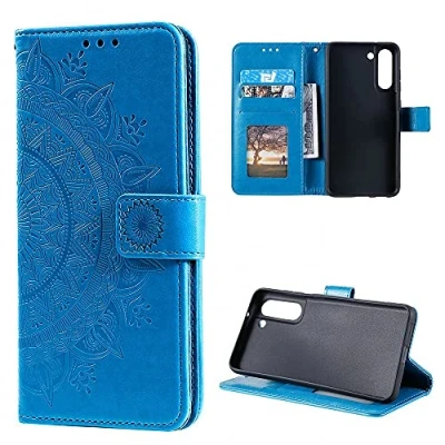 Abbildung von CoverKingz Handy Cover kompatibel mit Samsung Galaxy S21 FE Handyschutz Kartenfach Klapphülle Bookcase Hülle aufklappbar Motiv Mandala Blau