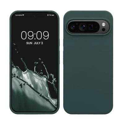 Abbildung von kwmobile Hülle kompatibel mit Google Pixel 9 Pro XL Silikon Handy Case Handyhülle weiche Oberfläche kabelloses Laden Blaugrün