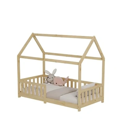 Abbildung von ecomi® Kinderbett Hausbett mit Rausfallschutz und Lattenrost, 90x200 / 80x160 in Weiß/Natur für Kinder (Natur, 90x200)