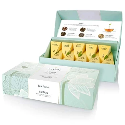Abbildung von Tea Forte Lotus Presentation Box 10 Bio Tee pyramiden Schwarztee, Oolong Tee, Grüntee, Weißer und Kräutertee by Forté