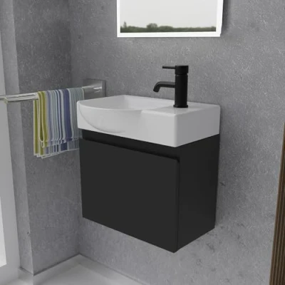Abbildung von Alpenberger Badmöbel Set Gäste WC Waschbecken mit Unterschrank 45 cm Breit, (Badschrank 2 tlg., Waschtisch hängend), Waschbeckenunterschrank Softclose Schwarz Links Becken