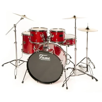 Abbildung von FAME Schlagzeug,FG20B RD First Gig Studio Set Red Sparkle Komplettes Drum 20 Zoll BassDrum Pappel Kessel Chrom Hardware inklusive Becken Tomhalter Ideal für Einsteiger, Schlagzeuge, Sets, FG20B RD, Set,