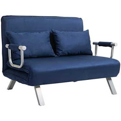 Abbildung von HOMCOM 2er Sofa mit Schlaffunktion, Schlafsofa Verstellbarer Rückenlehne, Wurfkissen, Couch Samtoptik, Armlehne, Polstersofa für Wohnzimmer, Schlafzimmer, Blau