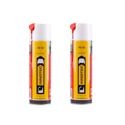 Abbildung von 2 Stück Innotec Silikonspray PE100 Schmiermittel schmiert, pflegt und schützt langanhaltend Gummi , Kunststoff Holz Metallteile Servicespray Beseitigt Knarr Quietschgeräusche
