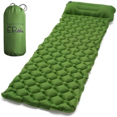 Abbildung von ExpeditionEra Isomatte Ultraleichte Luftmatratze Camping Zelt Matratze mit Integriertem Kissen 180x65cm Schlafmatte Trakking Unterlegmatte (Grün)