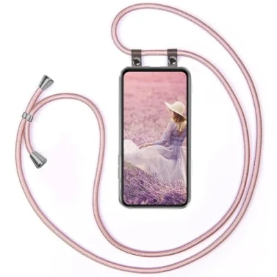 Abbildung von moex Handykette kompatibel mit Samsung Galaxy S21 FE 5G Hülle Band Längenverstellbar, Handyhülle zum Umhängen, Silikon Case Transparent Kordel Schnur abnehmbar in Rosegold