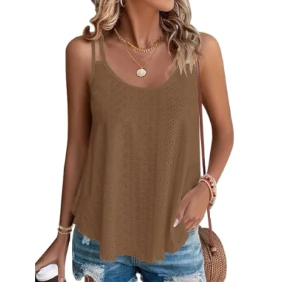 Abbildung von WNEEDU Damen Tank Tops Sommer Spaghetti Cami Oberteile Ärmellose Rundhalsausschnitt Blusen Top Shirts Braun S