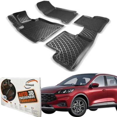 Abbildung von Trimak Passgenau 3D Fussmatten Auto Kompatibel mit Ford Kuga 3 Gen 2020 2023 Zubehör 1. und 2. Reihe Gummimatten Autos TPE Allwetter Geruchlos rutschfest Vorne Hinten Schwartz