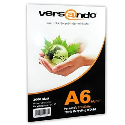 Abbildung von versando 2.000 Blatt Recyclingpapier DIN A6 EcoWhite 80g Kopierpapier Druckerpapier Öko Umweltpapier Rezeptpapier (148 x 105 mm)