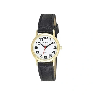 Abbildung von Ravel Unisex Armbanduhr mit großen Ziffern Schwarzes/goldfarbener Ton/weißes Zifferblatt