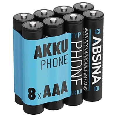 Abbildung von ABSINA Akku AAA für Telefon 800 mAh 8er Pack NiMH wiederaufladbarer Micro mit 1,2V Akkus DECT schnurlos, Schnurlostelefon, Haustelefon (1.2 V)