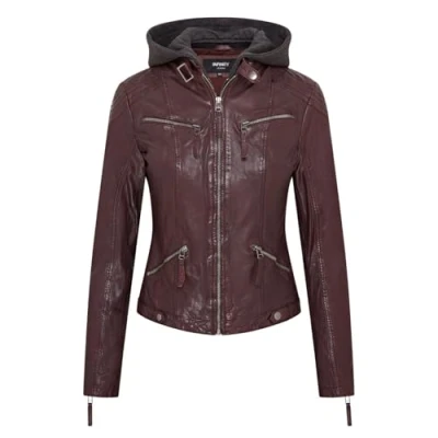 Abbildung von Infinity Leather Klassische Damen Kapuzenjacke aus Burgund Motorradfahrer Leder