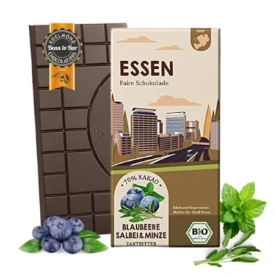 Abbildung von ESSEN Fairtrade Stadt Schokolade/Blaubeere, Salbei und Minze/Bio Zartbitterschokolade aus Kakao (1 Tafel, 75g)