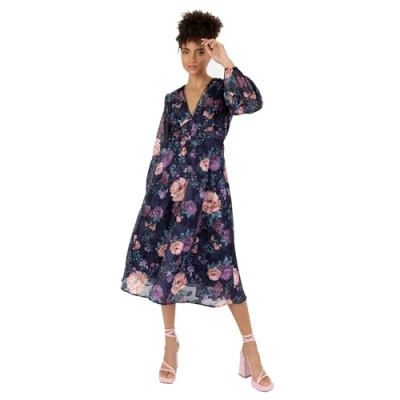 Abbildung von Anaya with Love Women&#039;s Midi Dress Ladies Long Sleeves V Neck Floral Print A line for Wedding Guest Evening Occasion Party, Navy, 42