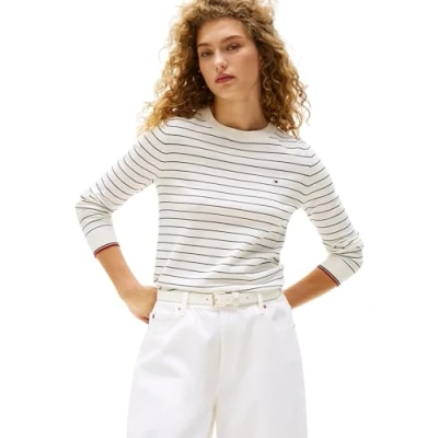 Abbildung von Tommy Hilfiger Damen Pullover Jersey Fine mit Rundhalsausschnitt, Mehrfarbig (Ivory Silk/Dark Night Navy STP), XXS