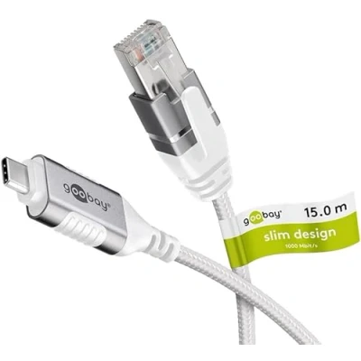 Abbildung von goobay USB C 3.1 auf RJ45 Ethernet CAT 6 Kabel Slim/Adapterkabel/stabile kabelgebundene Internetverbindung mit Router/Netzwerk Switch/USB Adapter / 1 Gbit/s 15 Meter/weiß 74392