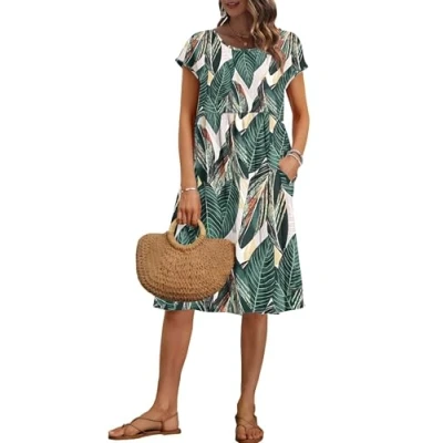 Abbildung von AUSELILY Damen Kurzarm Knielange Sommerkleider Sommer Lockeres Freizeitkleider Empire Kleider mit Taschen Blattdruck XL