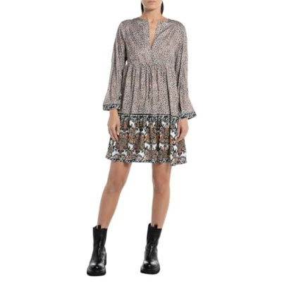 Abbildung von Replay Damen Kleid Langarm All Over Print, Multicolor 010 (Mehrfarbig), L