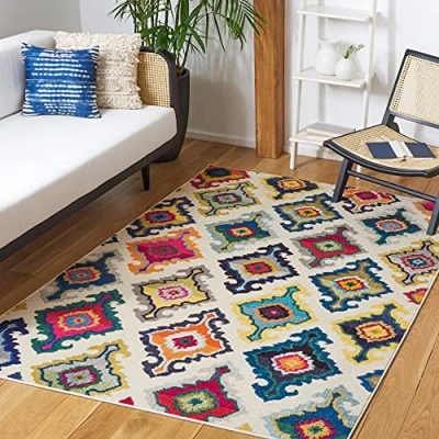 Abbildung von SAFAVIEH Boho Teppich für Wohnzimmer, Esszimmer, Schlafzimmer Monaco Collection, Kurzer Flor, Elfenbein und Multi, 122 X 170 cm