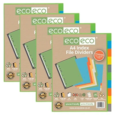 Abbildung von eco Registerblätter A4, 50% recycelt, mehrfach gelocht, verstärkt, 10 Fächer, 200 g/m², 4 Stück
