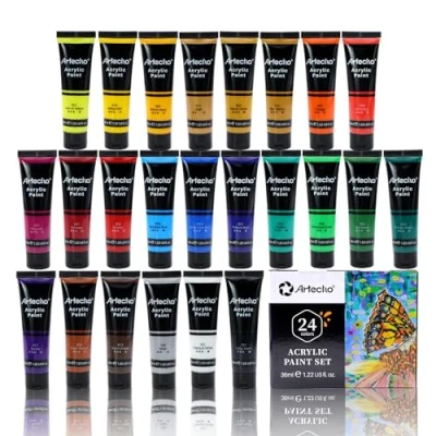 Abbildung von Artecho Acrylfarben Set 24 x 36 ml, Acrylic Paint Set, Wasserfest und Lichtecht, Schnell Trocknend, ideal für Leinwand, Papier Stoffe, Geschenke zu Weihnachten anderen Feiertagen