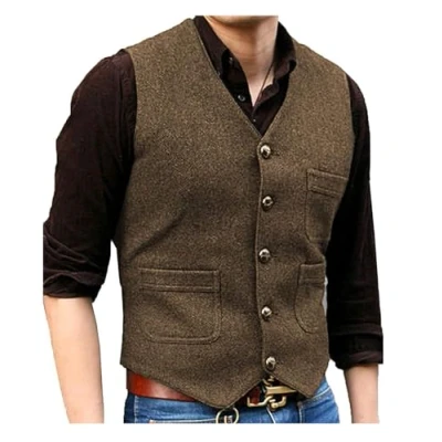Abbildung von Solovedress Mens Vintage Classic Wolle Anzugweste Formale Regular Fit Weste Anzug für Hochzeit Groomsmen(Brown,XXL)