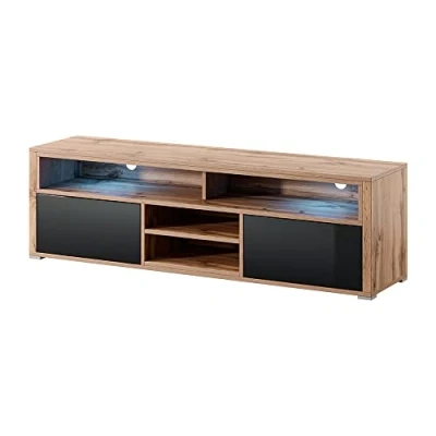 Abbildung von Selsey TV Lowboard Fernsehschrank Mario 137 cm, Wotan Eiche Matt/Schwarz Hochglanz, LED mit Batterie
