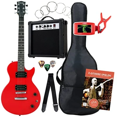 Abbildung von Rocktile Single Cut Pack Komplettset Power E Gitarre Rot (Verstärker, Stimmgerät, Tasche, Kabel, Gurt, Plecs, Ersatzsaiten und Schule mit CD/DVD)