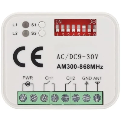 Abbildung von Universal empfänger kompatibel mit Hörmann HET24 / HER4 868 HE1 MHz HEI1 868,3Mhz Funkempfänger. 2 Kanäle Funkempfänger 433 868mhz. Rolling/Fixed Code 12 24 VAC/DC Receiver